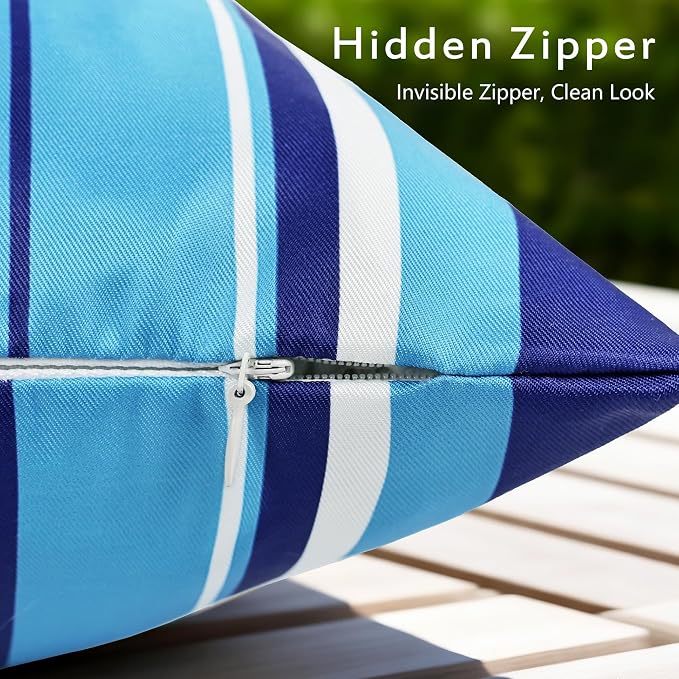Waterproof Outdoor Pillow Covers 18x18 Inch Set of 2, Dark Blue Stripe Decorative Throw Pillow Cover, Modern Farmhouse Cushion Cases for Spring Summer Patio Garden Porch Balcony Beach Sofa