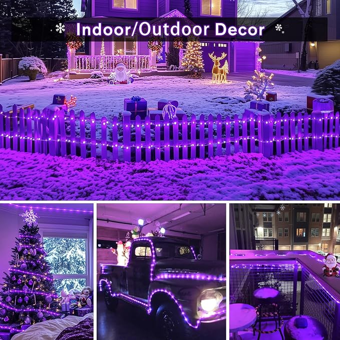 JMEXSUSS 200 LED Purple Solar Halloween Lights, 66 ft Rope Lights Outdoor Waterproof, PVC Tube Purple Christmas String Lights for Party Tree Fence Christmas (Pack of 2)