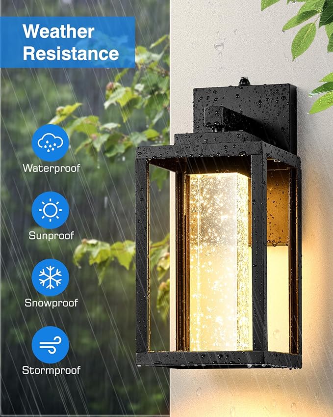 VIANIS Black Exterior Lighting Fixtures Wall Mount for House, 2 Pack Dusk to Dawn Outdoor Porch Light with Integrated 10W LED Light Source Crystal Bubble Glass, Anti-Rust Exterior Wall Sconce Lantern