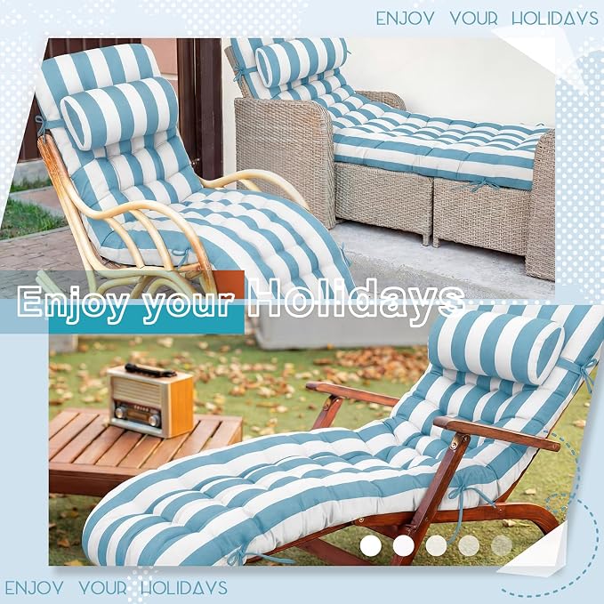 Tudomro Outdoor Chaise Lounge Cushion 66x21x4'' Waterproof & Fade-Resistant Patio Pool Chaise Lounge Cushion Headrest Pillow Tie Replacement Rocking High Back Chair(Blue, White Stripe,Set of 2)