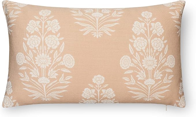 Modern Farmhouse California Casual Indoor Outdoor Lumbar Pillow Cover, 12"x20" Water Repellent for Patio, Backyard, Couch, Poolside, Ivory Cream Tan Print Floral