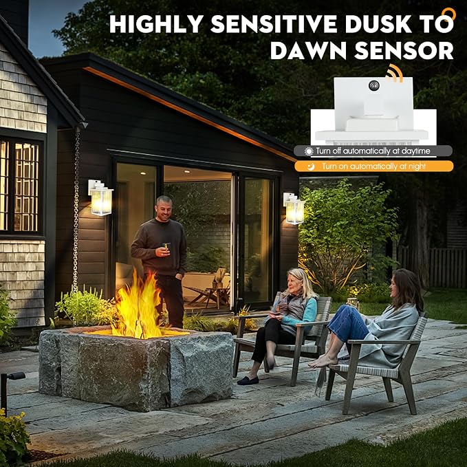 White Dusk to Dawn Wall Mount Porch Lights, Exterior Light Fixtures | Auto On and Off, Anti-Rust Metal Frame, Tempered Glass, E26 Socket, Easy DIY Install on Porch, Garage