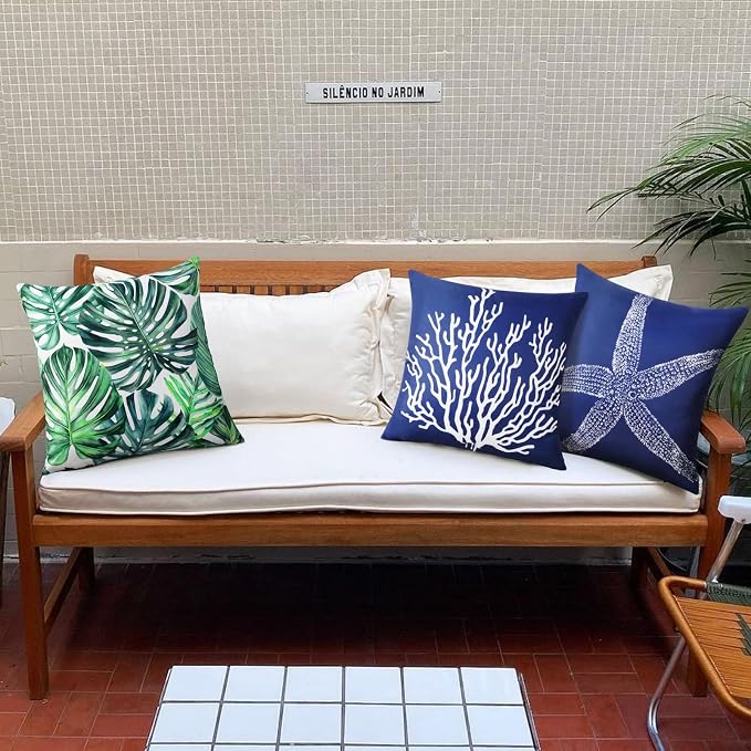 Adabana Outdoor Waterproof Coastal Pillow Covers 20x20 Inch | Nautical Starfish Coral Outdoor Pillow Covers Summer Decirative for Patio Furniture Porch Garden Pillows