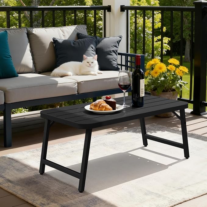 VINGLI Outdoor Folding Coffee Table, Rectangle Drainable Iron Patio Table for Balcony, Porch, and Living Room, Black