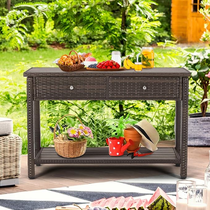 Outdoor Console Table with Drawer Patio Buffet Bar Storage Organizer 45"Long Wicker Sofa Serving Sideboard Table 2-Shelf Outdoor Narrow Bar Table Tall Rectangle with Adjustable Feet for Entryway Brown