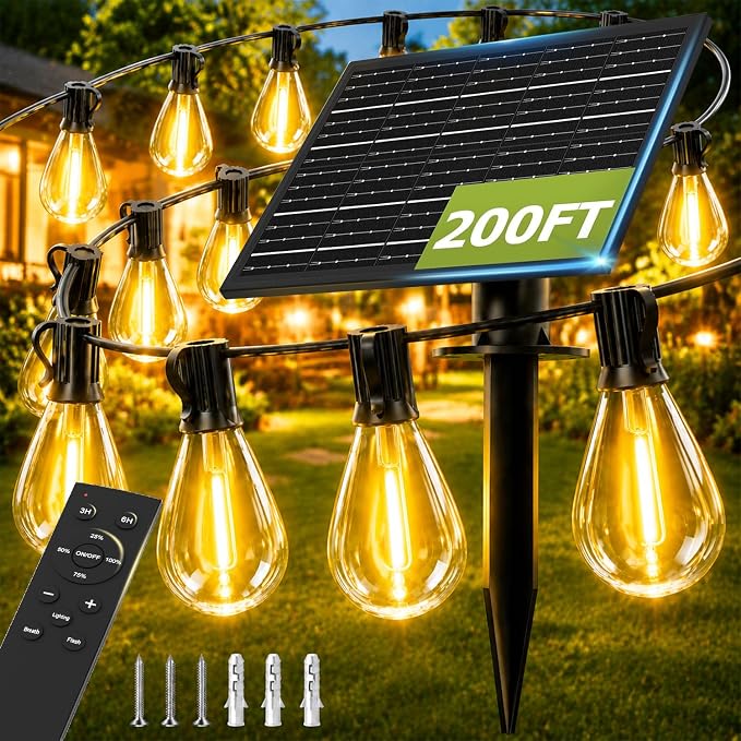 200FT Solar String Lights Outdoor, Dimmable Patio Lights Solar Powered with Remote & USB Port 72+2 LED Shatterproof Bulbs 3 Light Modes, Waterproof Solar Light for Camping Backyard Garden