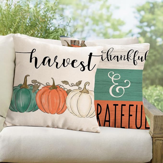 Fall Orange Pumpkin Outdoor Pillow Covers 18x18 Inch Waterproof Harvest Thankful Quotes Seasonal Throw Pillow Covers for Porch Patio Furniture Thanksgiving Farmhouse Decor