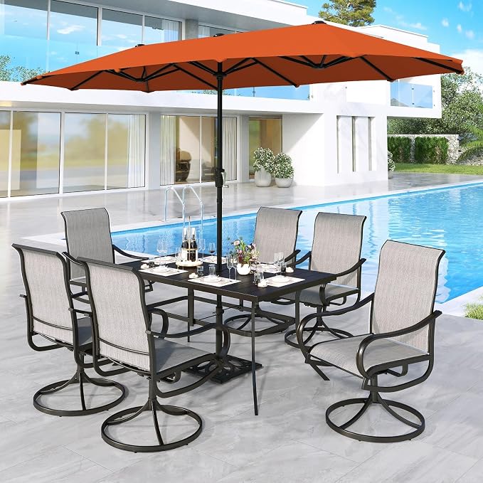 MFSTUDIO Outdoor Dining Set for 6, Patio Furniture Set with Orange Red Umbrella (Base not Included), Outdoor Metal Table and Light Grey Swivel Chairs Set for Patio, Deck, Backyard, Garden