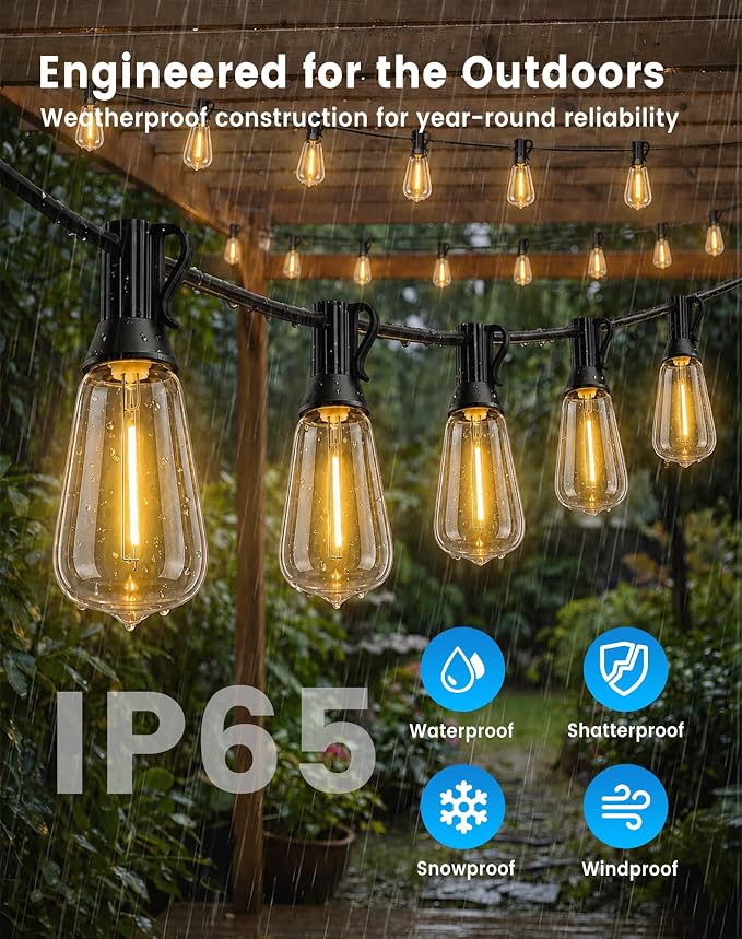110FT(100+10) String Lights Outdoor, 2FT Bulb Spacing, Waterproof Shatterproof Warm White ST38 LED Edison Bulbs, Extension Cord, Plug in Connectable Hanging Patio Lights for Outside, Backyard