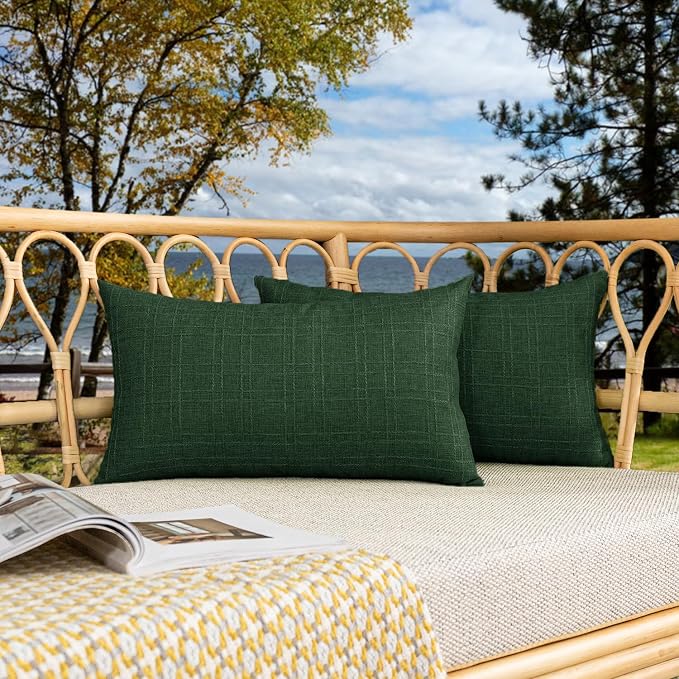 Kevin Textile Outdoor Waterproof 14”x24” Pillow Covers 2 Pack, Army Green | Water Resistant, Soft Faux Linen-cotton Yarn-dyed Woven Texture Throw Pillow Covers for Tent Patio Garden Couch Sofa