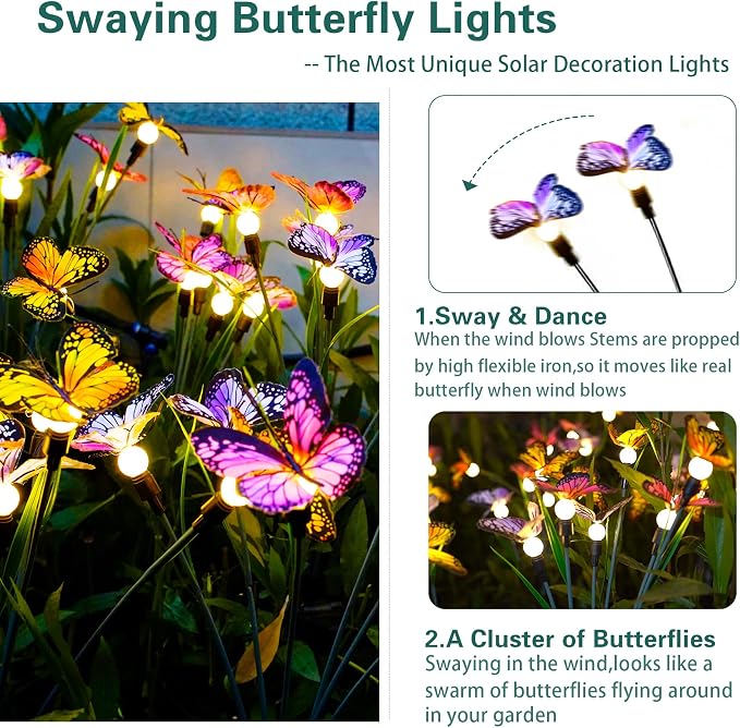 TONULAX Solar Garden Lights - 4 Pack Swaying Butterfly Light, Swaying in The Wind, Solar Outdoor Lights, Yard Patio Pathway Decoration, High Flexibility Iron Wire & Realistic Butterflies