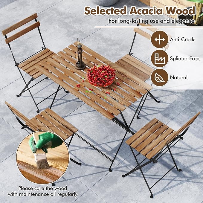 Giantex 5-Piece Outdoor Dining Table Set for 4, Acacia Wood Bistro Table with 4 Folding Patio Chairs, Slatted Seat & Tabletop, Metal Frame, for Yard Porch Garden Poolside (Black + Brown)