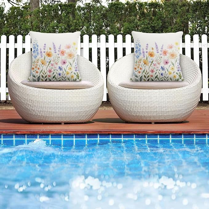 Waterproof Throw Pillow Covers, Flower, 18 x 18 Inch, Set of 2 | Wildflower outdoor farmhouse garden decorative pillowcase square cushion case for couch beach patio