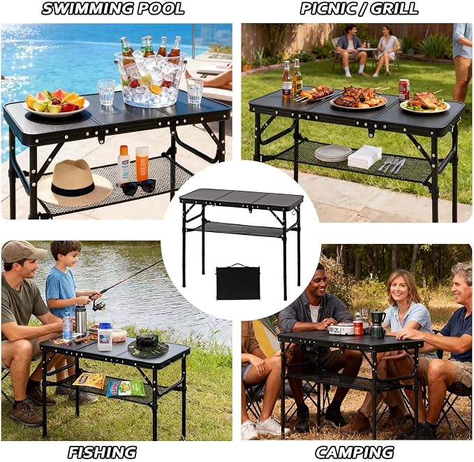 YihuiKo Folding Picnic Table with Storage Net, Matte Black Aluminum Folding Table 35" x 16", Adjustable Height Max 27.5", Lightweight Portable for Camping Travel