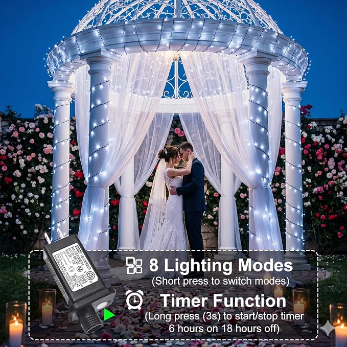100FT 300 LED Christmas Lights Outdoor, Christmas Tree Lights, Cool White | Plug in 8 Modes Connectable String Lights for Outside Indoor Patio Garden Yard Party Holiday Wedding Decorations