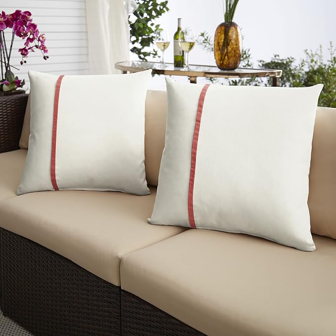 Sorra Home x Sunbrella Indoor Outdoor Sunbrella Square Pillows, Set of 2, 16x16, Canvas Natural Ivory & Henna Red