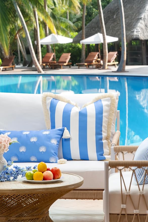 Hofdeco Premium Coastal Patio Indoor Outdoor Lumbar Pillow Cover Only, 12"x20" Water Repellent for Backyard, Couch, Cornflower Blue Embroidered Palm Leaf Tassel