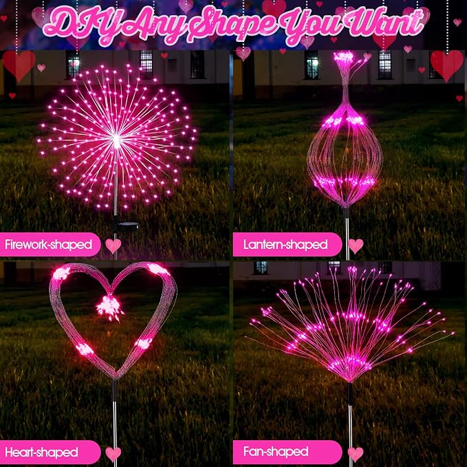 Tujoe 6 Pack Pink Solar Firework Lights 180 LED 8 Lighting Modes Waterproof Outdoor Decorative Solar Lights for Wedding Valentine Birthday Garden Patio Yard Pathway Walkway Lawn Decor