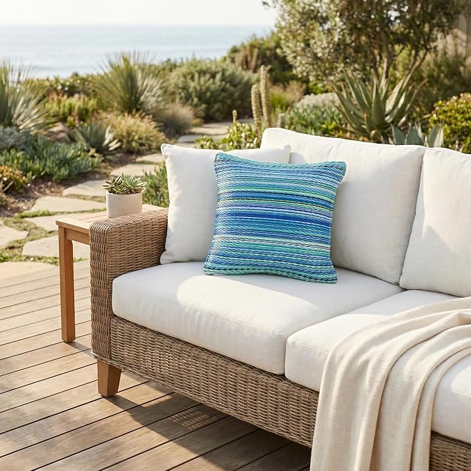 Fab Habitat Outdoor Premium Recycled Plastic Pillow - Waterproof, Fade Resistant - Striped - Patio, Porch, Deck, Balcony - Cancun - Turquoise & Moss Green - 20" x 20"