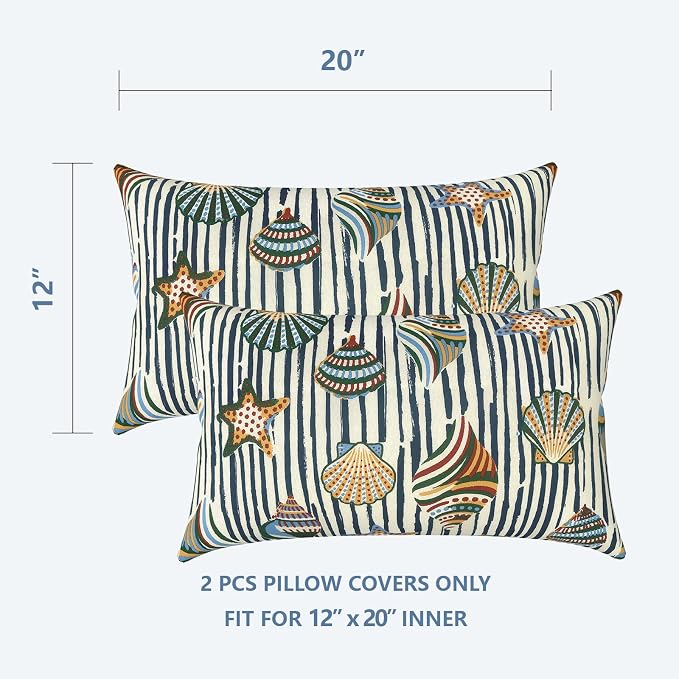 LVTXIII Set of 2 Patio Lumbar Pillow Covers ONLY, 12" x 20" Fade Resistant Outdoor Lumbar Pillow Cases, Fluffy Decorative Garden Lumbar Cushions Covers for Home Patio Coach Sofa Use, Crayon Shells