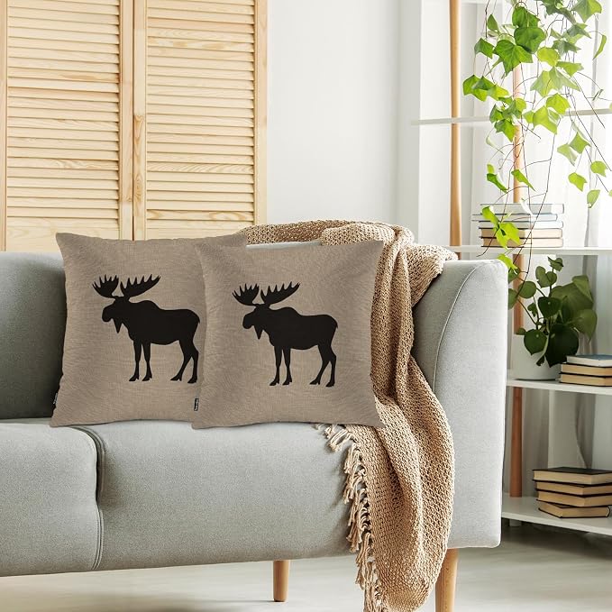Swono Moose Decorative Throw Pillows Covers, Wild Animal Moose Elk Burlap Cabin Square Pillow Cushion Covers for Man Woman, Pillowcases Decor for Home Sofa Bed Garden, 2 Packs, 18x18 Inch, Brown