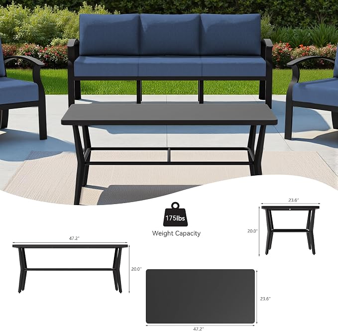 Aluminum Outdoor Patio Furniture Set,7 Seats Patio Conversation Sets with Rectangular Coffee Table,Metal Patio Sectional Furniture Set with 2 Swivel Rocking Chairs,Navy Blue