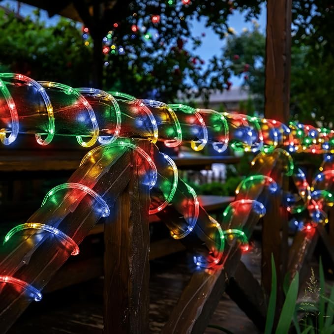 Solar Rope Lights, 2 Pack Total 66ft 200LED Solar String Lights, 8 Modes Waterproof Solar Outdoor Light, Flexible Clear Trampoline Light for Garden Yard Patio Deck Porch Pool Tree Decor - Multicolor