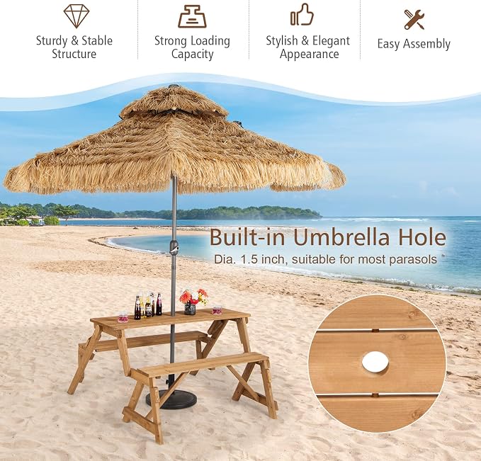 GYMAX Picnic Table, 2 in 1 Convertible Picnic Bench Table Set, Transforming Interchangeable Wooden Picnic Table with Umbrella Hole, Collapsible Outdoor Patio Dining Table Garden Bench