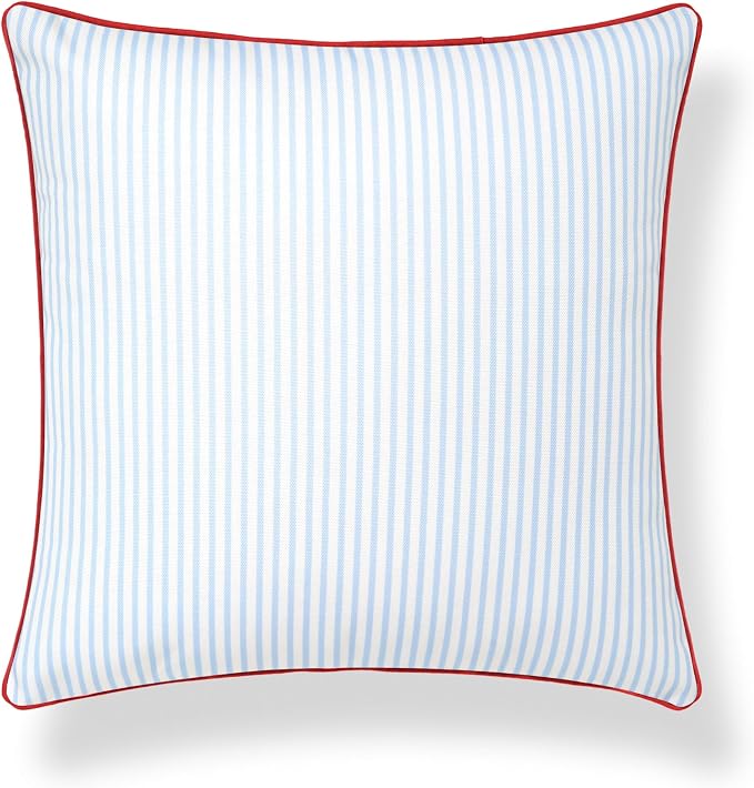 Hofdeco Premium Coastal Hampton Patio Indoor Outdoor Throw Pillow Cover Only, 20"x20" Water Repellent for Backyard, Couch, Poolside, Baby Blue Red Print Stripes