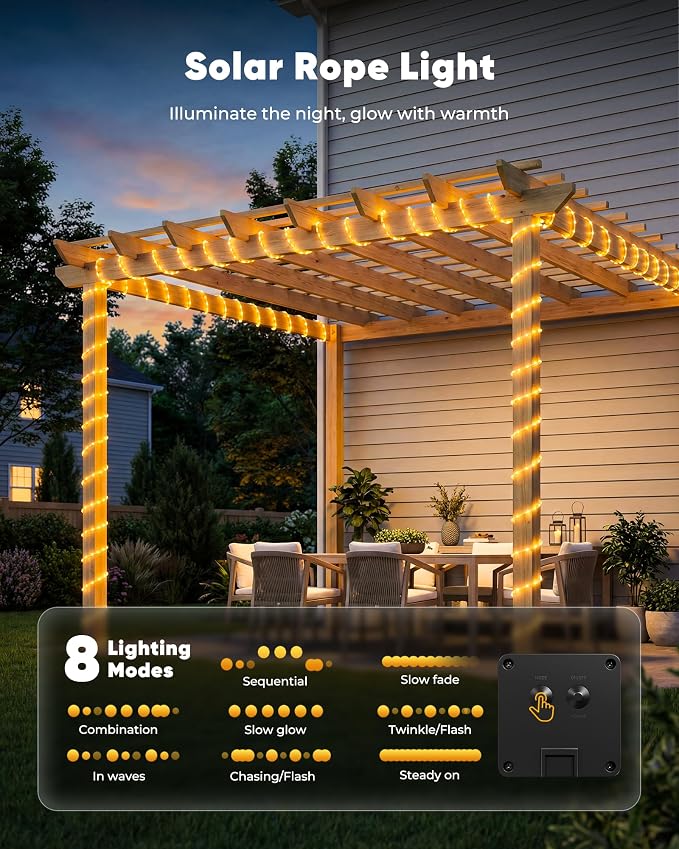 Brightown 39FT 100LED Solar Rope Lights Outdoor Waterproof, Warm White | IP65 Solar Powered Fairy Lights with 8 Lighting Modes, Outdoor String Lights for Party Garden Yard Holiday Tree Decoration