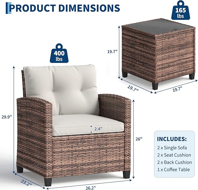 3-Piece Patio Furniture Set, PE Rattan Wicker Outdoor Sofa Set with Washable Cushions & Tempered Glass Tabletop, Conversation Set for Garden, Poolside, Balcony (Brown Wicker & Beige Cushions)