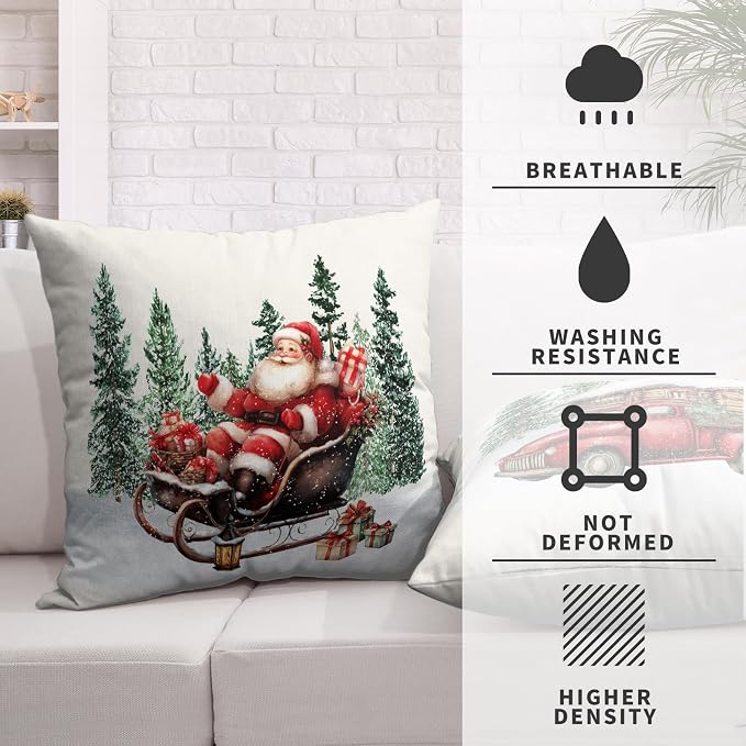 Christmas Santa Pillow Covers Set of 2 Snowy Cabin Red Truck Snowman Throw Pillow Covers Green Xmas Tree Pillowcase 18x18 Cotton Linen Cushion Case for Winter Holiday Home Decor