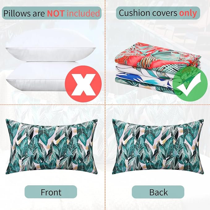Decorative Waterproof Lumbar Pillow Covers Green Tropical Leaf Outdoor Throw Pillow Covers Summer Accent Couch Covers Garden Cushion Cases 12x20 Set of 2 for Patio Tent Bench Balcony Furniture Sofa
