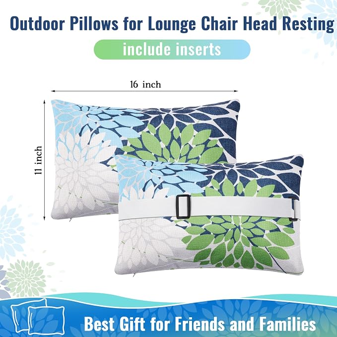 Juexica 2 Pack Chaise Lounge Pillow with Strap Outdoor Waterproof Beach Chair Neck Headrest Pillow Adjustable Elastic Band for Hammock Lumbar Recliner Pillows for Patio Pool Chair(Floral Style)