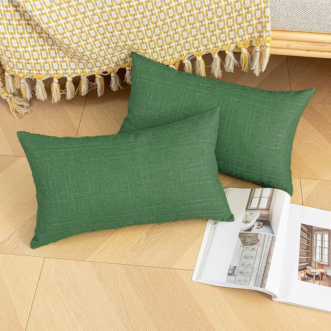 Kevin Textile Outdoor Waterproof 12”x20” Pillow Covers 2 Pack, Dark Green | Water Resistant, Soft Faux Linen-cotton Yarn-dyed Woven Texture Throw Pillow Covers for Tent Patio Garden Couch Sofa