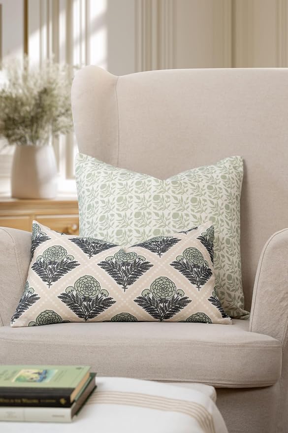 Crumbs Home Modern Farmhouse California Casual Indoor Outdoor Throw Pillow Cover, 20"x20" Water Repellent for Patio, Backyard, Couch, Poolside, Light Green Print Floral and Leaves Geometric