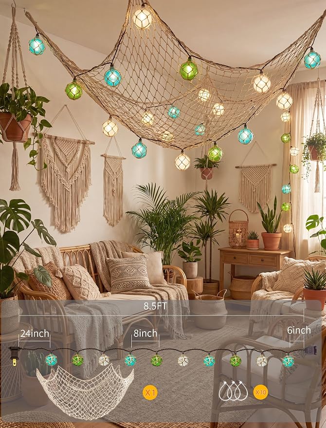 8.5Ft 10L Nautical Fish Float String Lights，Plug in Beach Themed Buoy Light | 1 Pack Fish Net, Connectable, Wall Hanging Fairy Lights for Indoor Home, Outdoor Patio Decorations - Blue/Green/White