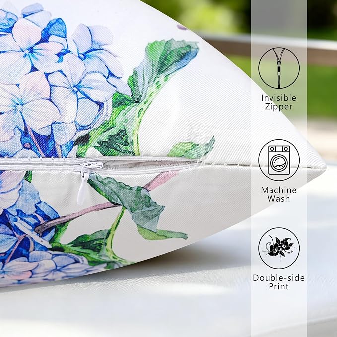 cygnus Summer Waterproof Outdoor Pillow Covers 18x18 Inch Blue Green Hydrangea Outdoor Pillows for Patio Furniture Garden Home Decor- Double Side,Fade Resist