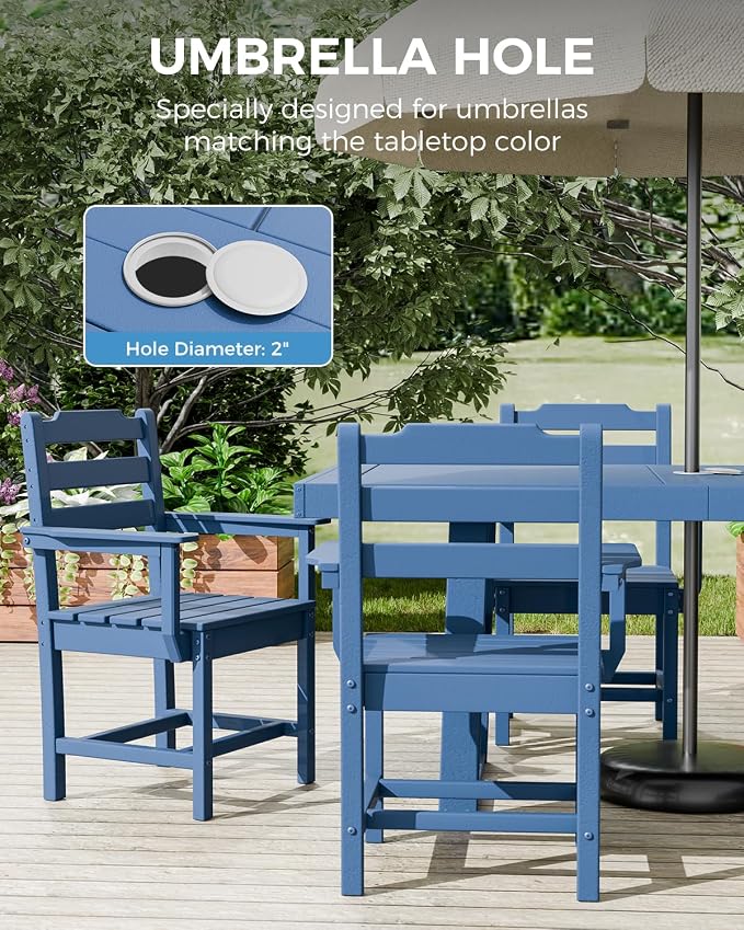 K Knowbody 7-Piece Outdoor Patio Dining Table and Chairs Set, Seats 6 | Steel-Reinforced HDPE, 100 lb/sq ft Load Capacity, 2-Inch Umbrella-Ready Tables, All-Weather, Fade-Resistant, Navy Blue