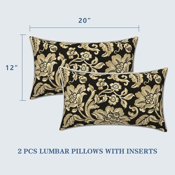 LVTXIII 2 Pack Outdoor Lumbar Pillows 12x20 Inch with White Piping, Fade Resistant Support Throw Pillows with Inserts for Patio Furniture, Sofa, Chair, Jacobean Black