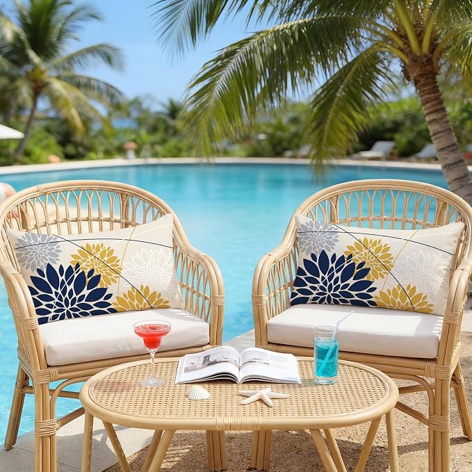 OTOSTAR Outdoor Dark Blue Yellow Pillow Covers 16x24 Inch Set of 2 Light Grey Flower Throw Pillows Geometric Dahlia Floral Lumbar Cushion Case Waterproof Decor for Sofa Patio Funiture Garden