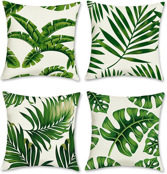 Bonhause Tropical Leaves Throw Pillow Covers 20x20 Set of 4 Green Palm Leaf Decorative Pillow Cases Polyester Linen Outdoor Cushion Covers for Sofa Couch Garden Home Decor