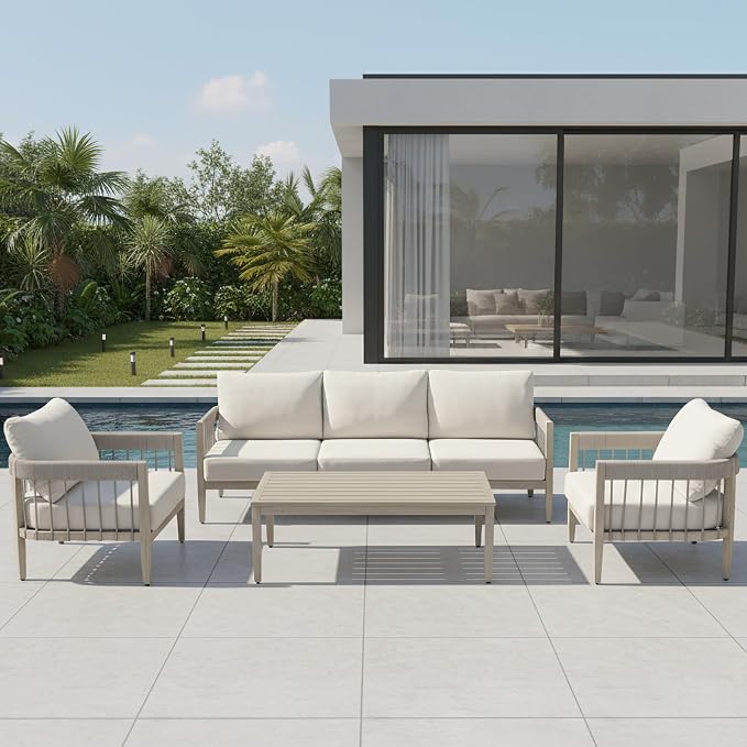 2-Piece Outdoor Sofa Set, Never-Rust Aluminum Patio Armchairs with Hand-Woven Rope & Thick Cushions, Faux Wood Grain Finish Balcony Outdoor Sofa Chairs for Garden, Deck, Porch