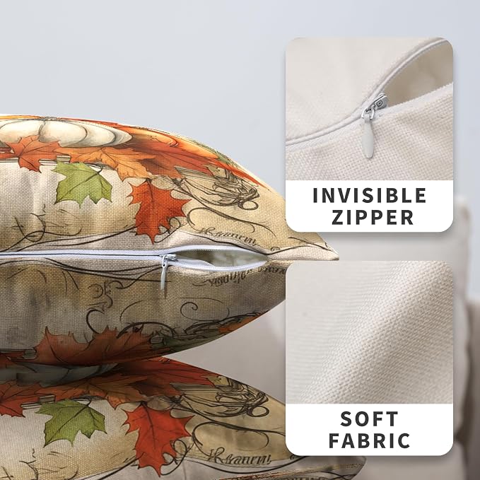 Fall Pillow Covers 22x22 Set of 2 Maple Leaves Pumpkin Pillow Covers Autumn Harvest Pillowcase Thanksgiving Vintage Cushion Case for Home Decor Couch Sofa