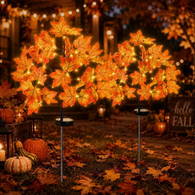 Fall Decorations Outdoor Solar Lights, 2Pcs Thanksgiving Lights 40LED 80 Maple Leaves Stake Light Waterproof 8 Lighting Modes for Autumn Patio Garden Yard Outside Halloween Thanksgiving Decorations