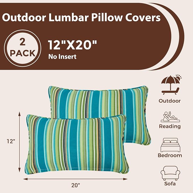 FUNHOME Outdoor Lumbar Pillow Covers 12X20 Inch, No Insert-Green Stripe | Patio Lumbar Cases Pack of 2, Water-Repellent, Throw Pillowcase for Couch Garden Furniture