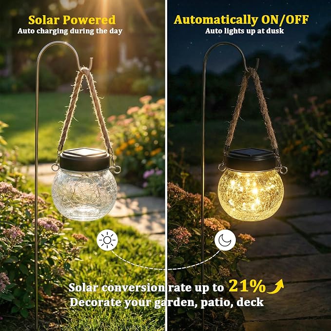 ROSHWEY 4 Pack M Size Solar Lantern Gifts for Women - Outdoor Solar Lanterns Waterproof with 15 LED Hanging Garden Patio Backyard Decor Lights for Halloween Christmas Easter Gift
