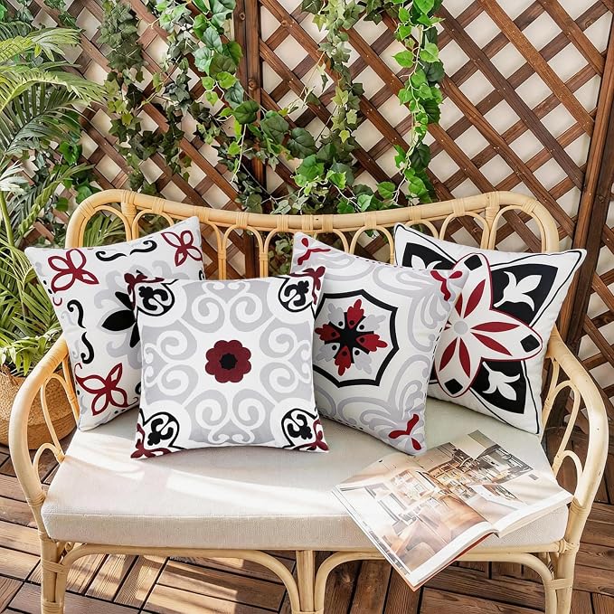 Pyonic Black Tan White Gray Outdoor Pillows Waterproof Throw Pillow Covers Set of 4 Floral Printed and Boho Farmhouse Outdoor Pillow Covers for Patio Funiture Garden 18x18 Inch