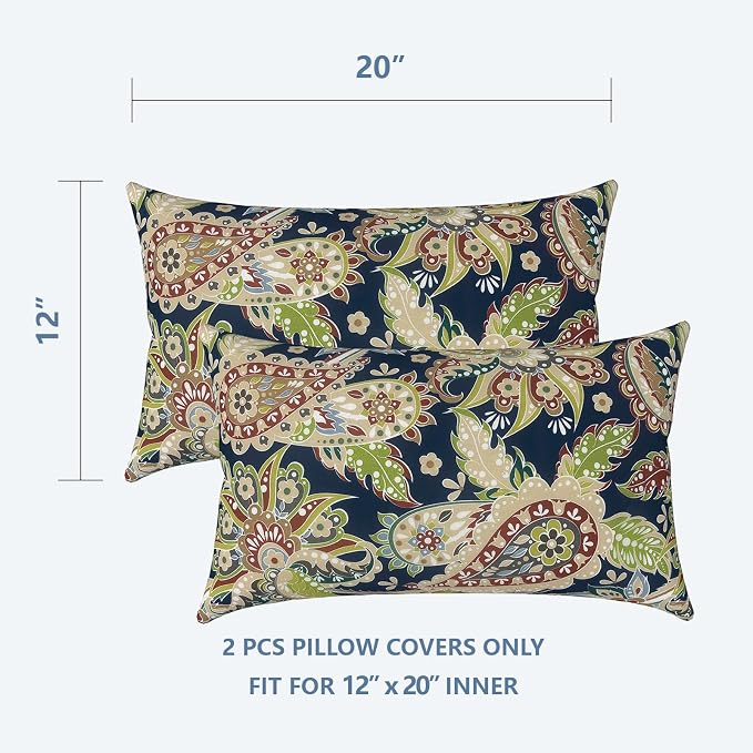 LVTXIII Set of 2 Patio Lumbar Pillow Covers ONLY, 12" x 20" Fade Resistant Outdoor Lumbar Pillow Cases, Decorative Lumbar Cushion Covers for Home Patio Sofa Use, Paisley Sapphire Blue