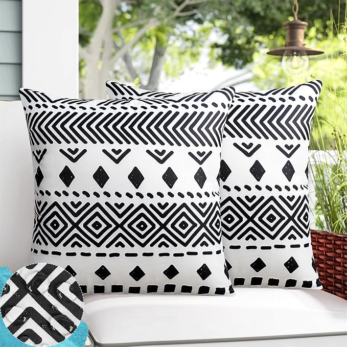Adabana Outdoor Waterproof Pillow Covers 18x18 Set of 2 White Boho Design | Waterproof Fabric Designed for Patio Furniture, Porch, Balcony and Garden Decor